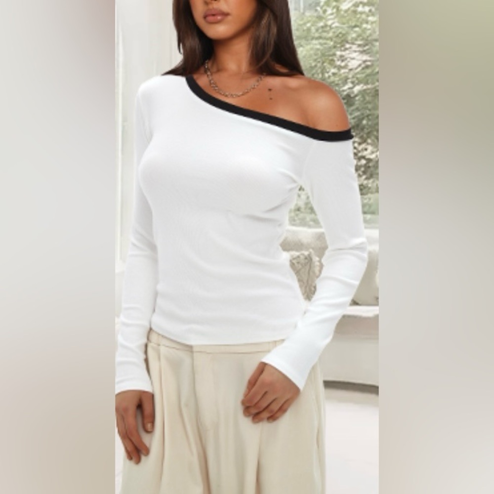 Long Sleeve Y2K Crop Top Trendy One Off Shoulder Fitted Knit Tee Going Out Top